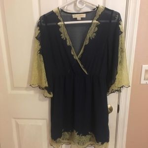 Navy blue and yellow lace sheer overlay dress NWOT